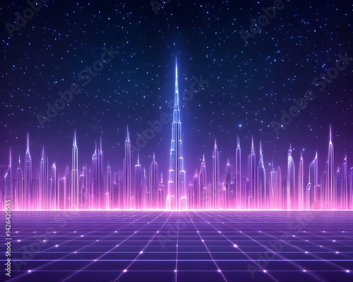 Obraz na płótnie Futuristic city skyline at night, glowing neon lights, gridded ground w salonie