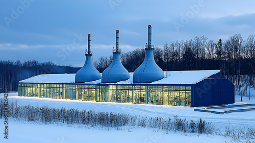 Obraz na płótnie Modern water treatment plant in snowy landscape at dusk; industrial facility; environmental technology w salonie