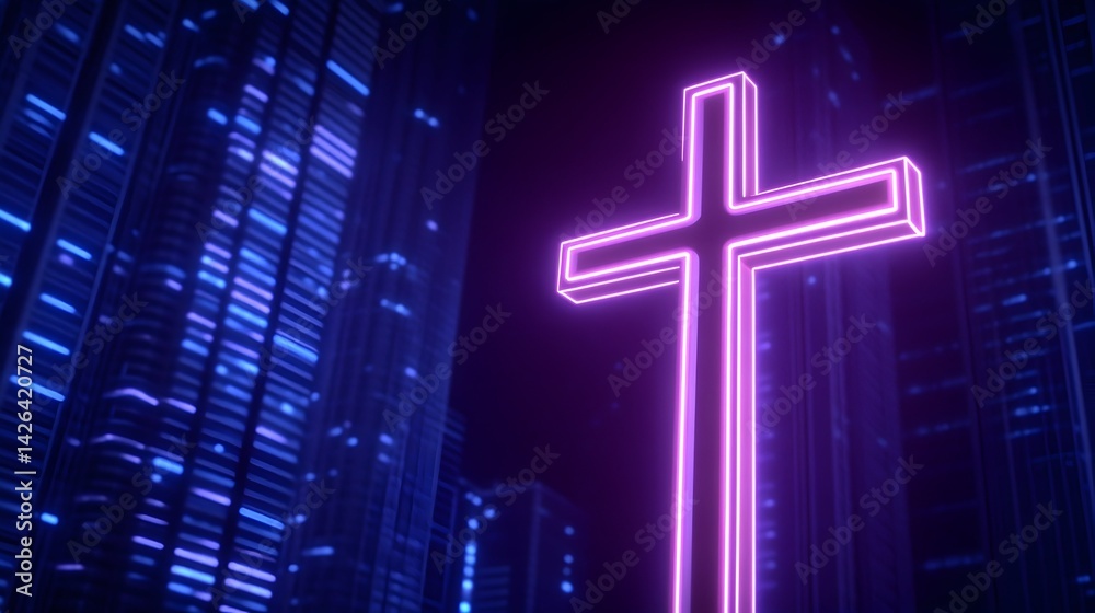 Glowing pink cross against a futuristic city skyline