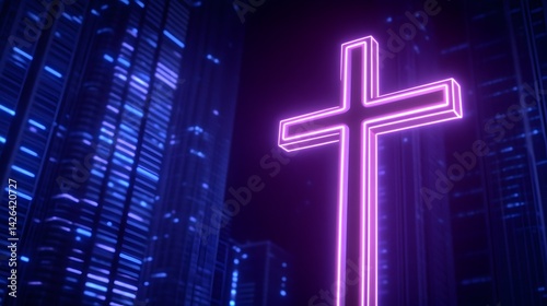 Obraz na płótnie Glowing pink cross against a futuristic city skyline w salonie