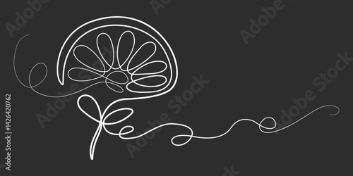 Stylized drawing of growing citrus like flower on a stem. Vector drawing with one line on dark background. Symbol of health and sun with chalk on the board. Design of cafe, restaurant, pharmacy, store