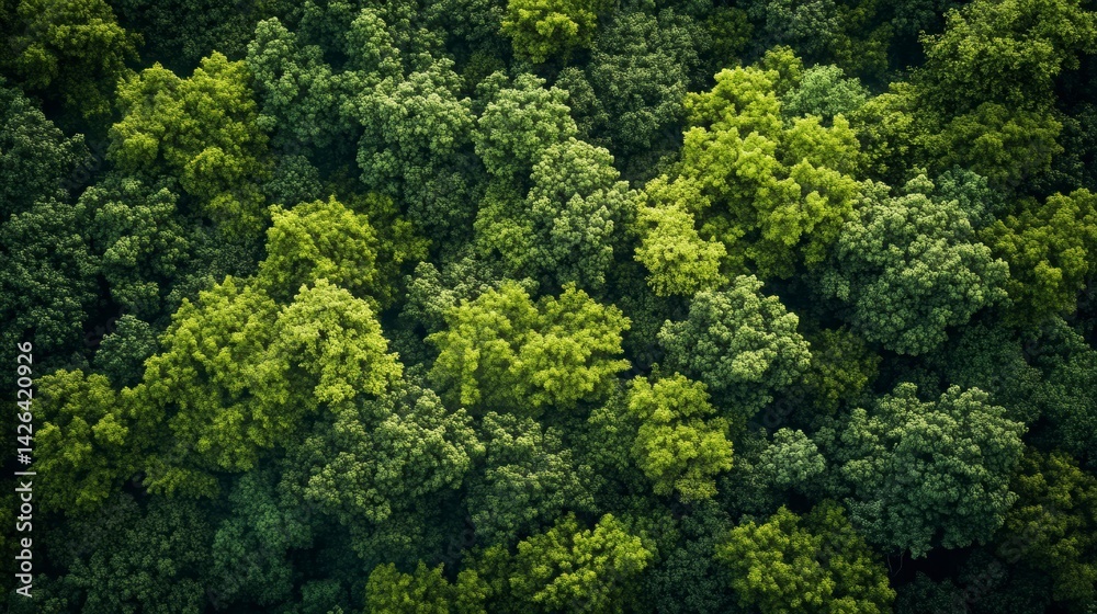 Naklejka premium Aerial view of lush green forest canopy.