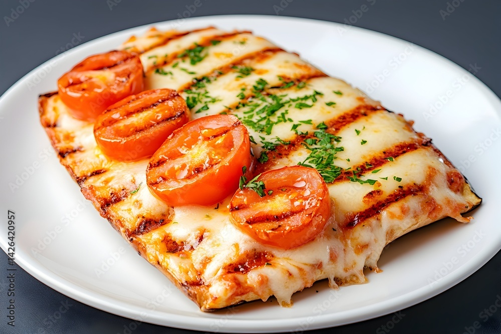 Grilled cheese pizza with tomato slices and herbs
