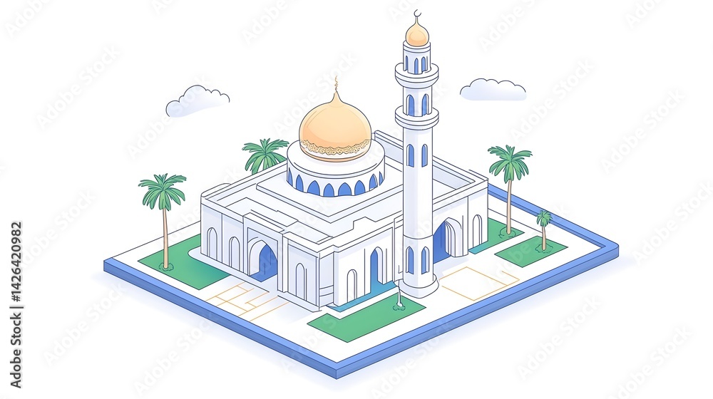 Isometric illustration of a white mosque with a golden dome, minaret, palm trees, and blue accents