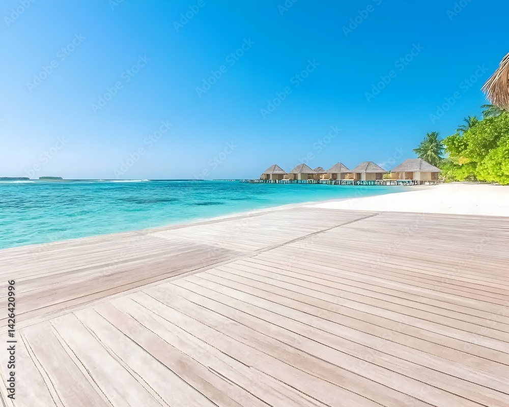 Idyllic beach scene with wooden deck, turquoise water, and overwater bungalows