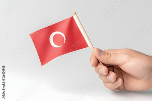 Hand holding small red flag with white crescent moon