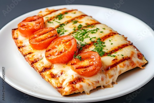 Obraz na płótnie Grilled cheese pizza with tomato slices and herbs w salonie