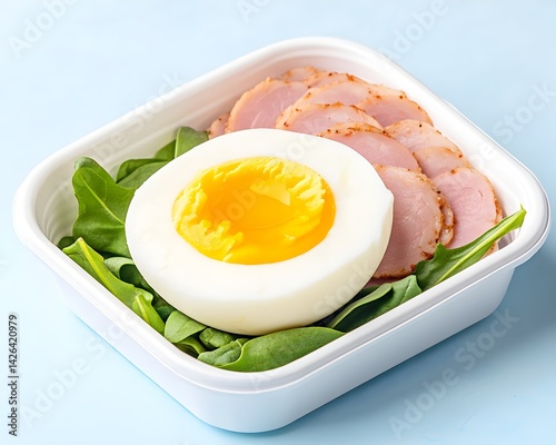 Hard-boiled egg, sliced ham, and spinach in a to-go container