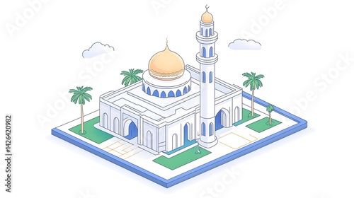 Obraz na płótnie Isometric illustration of a white mosque with a golden dome, minaret, palm trees, and blue accents w salonie