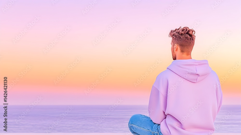 Man meditates at sunset, ocean view