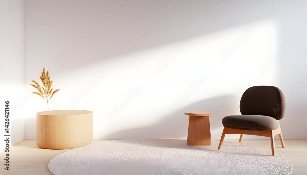 Minimalist room interior with armchair, side table, and decorative plant
