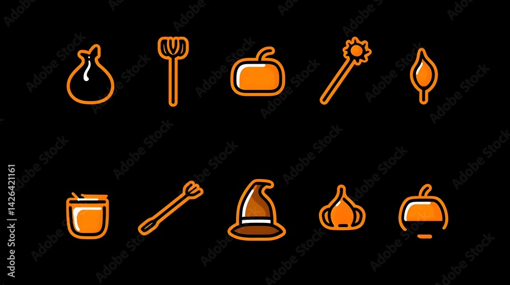 Orange Halloween icons set on black background