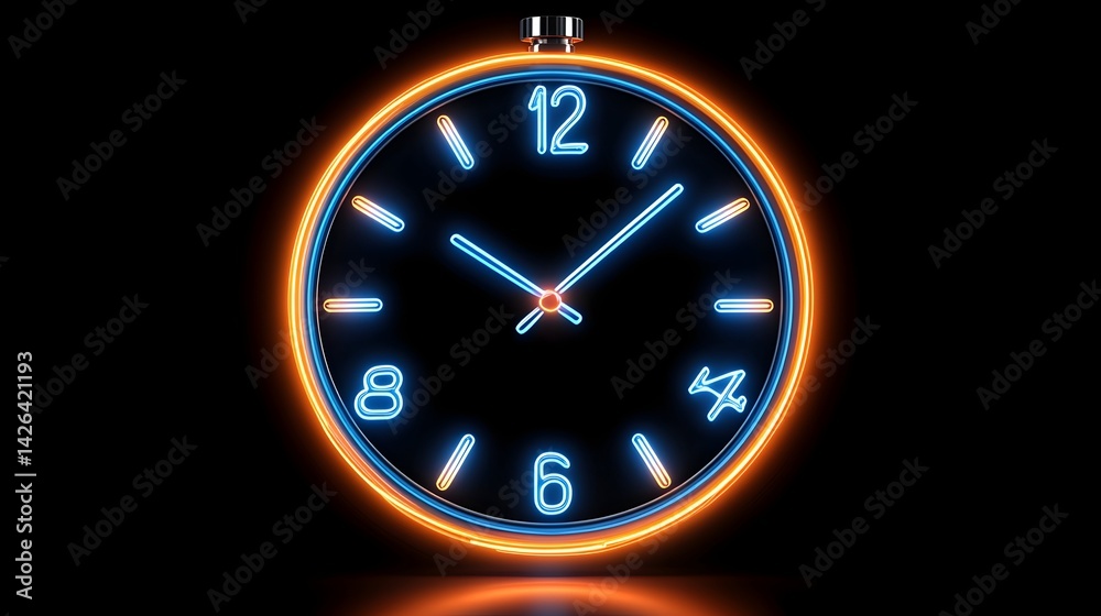 Neon clock face with orange and blue glow, isolated on black