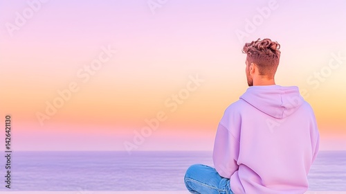 Obraz na płótnie Man meditates at sunset, ocean view w salonie