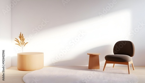Obraz na płótnie Minimalist room interior with armchair, side table, and decorative plant w salonie