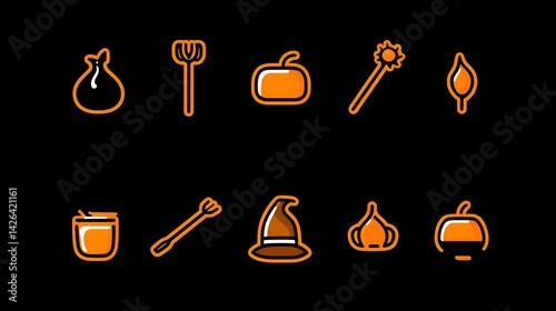 Obraz na płótnie Orange Halloween icons set on black background w salonie