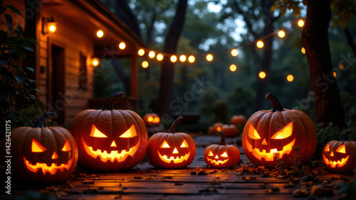 Wallpaper Mural Spooky Halloween pumpkins glow warmly on porch, creating festive atmosphere with string lights Torontodigital.ca