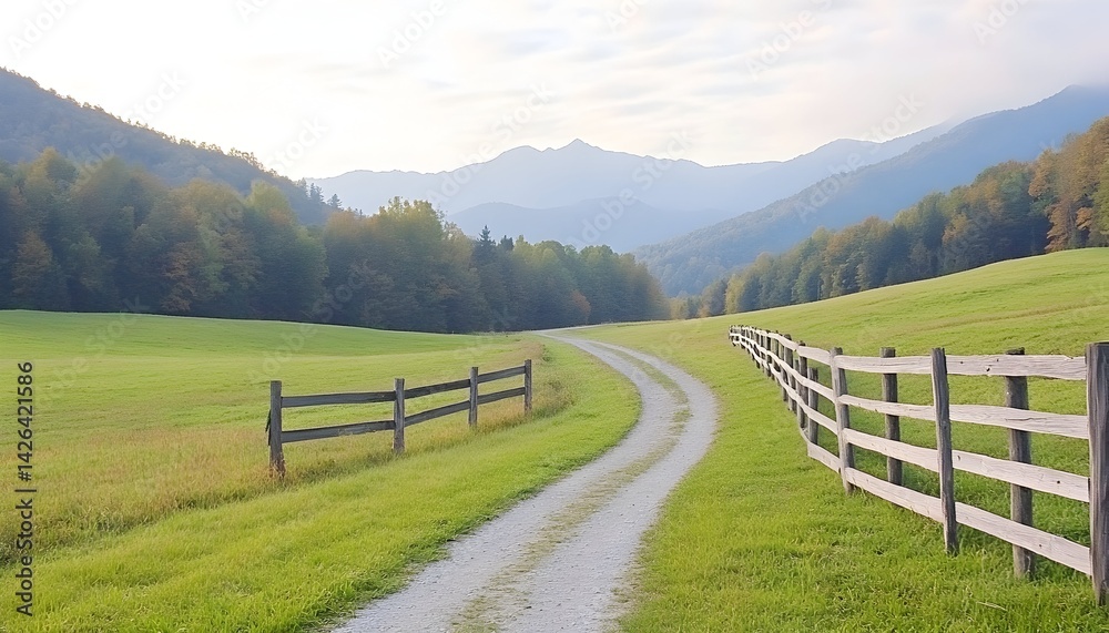 Serene country road winds through grassy field, bordered by wooden fences, leading to majestic mountains under a soft sky