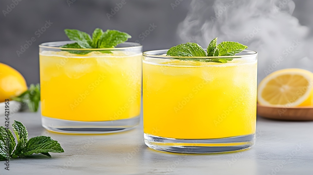 Two glasses of vibrant yellow iced beverage garnished with mint, steaming slightly Lemons nearby