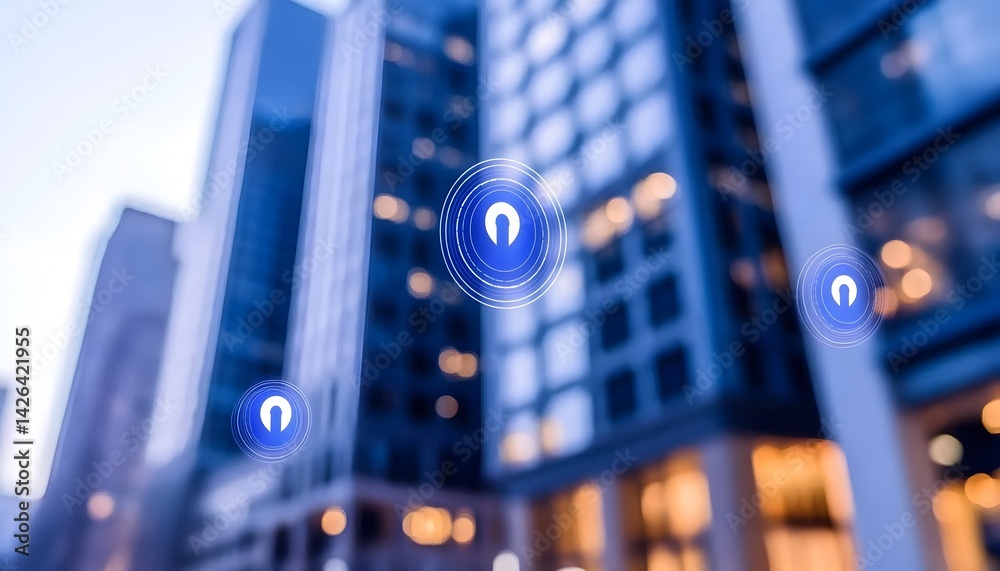 Urban cityscape with overlaid digital location markers