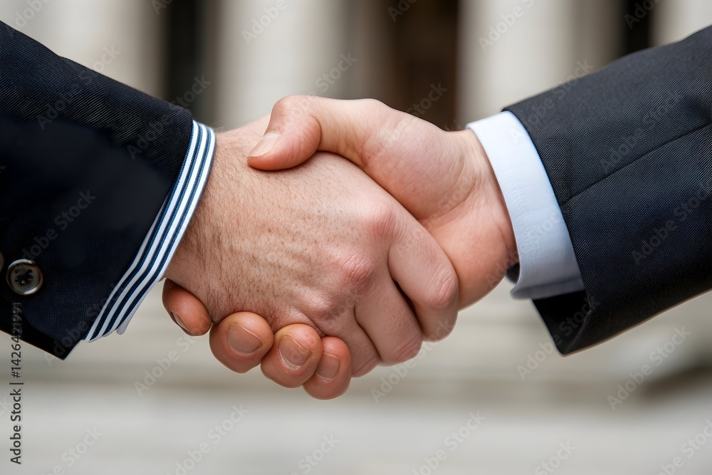 Two men in suits shake hands, signifying a business agreement or partnership