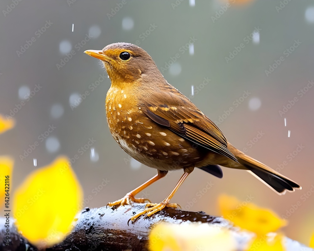 A brown bird with speckles perches on a branch in the rain, surrounded by yellow autumn leaves