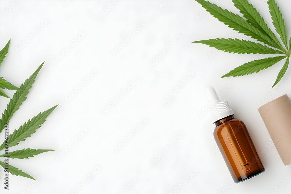 Amber bottle of CBD oil with hemp leaves on white background