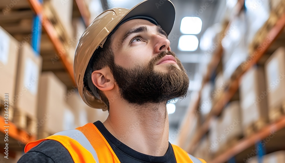 A warehouse worker in a safety helmet looks upward, assessing inventory