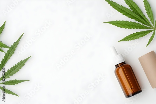 Obraz na płótnie Amber bottle of CBD oil with hemp leaves on white background w salonie