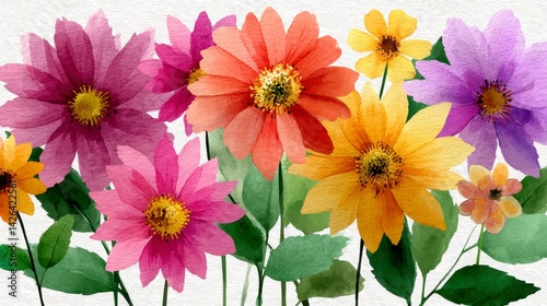 Vibrant watercolor painting of colorful flowers on white background
