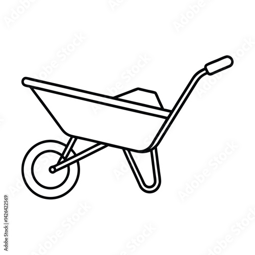 Simple line art illustration of a wheelbarrow for gardening or construction