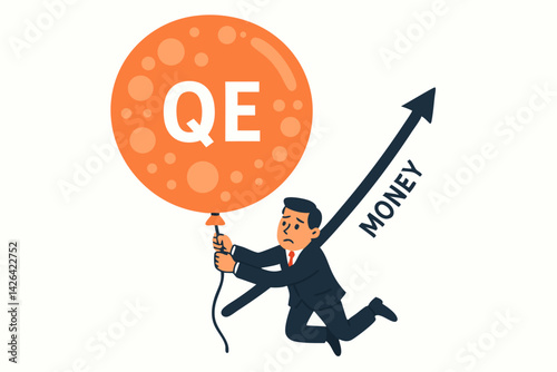 Quantitative Easing Financial Bubble Concept Vector Illustration with Worried Businessman Inflating Orange QE Balloon While Money Growth Arrow Rises, Economic Policy Metaphor for Financial Markets