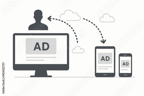 Cross-Device Ad Tracking Vector Illustration with User Profile and Cloud Technology, Digital Marketing Concept Showing Desktop, Tablet and Mobile Advertising Synchronization for Responsive Campaigns