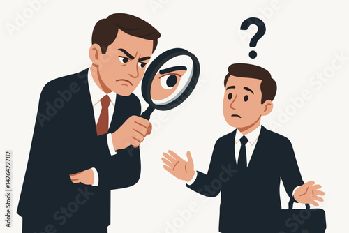 Business Scrutiny Vector Illustration: Stern Boss Examining Nervous Employee with Magnifying Glass, Corporate Investigation Concept for HR, Management, and Workplace Supervision