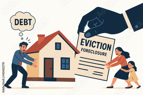 Eviction Crisis Vector Illustration: Family Struggling with Debt, Foreclosure and Housing Insecurity, Emotional Scene of Parents and Child Facing Home Loss, Financial Hardship Concept