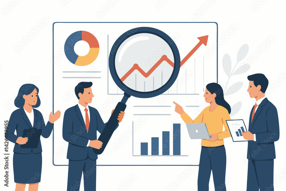 Business Data Analysis Team Examining Growth Charts: Professional Diverse Group Collaborating on Financial Performance Metrics and Market Trends