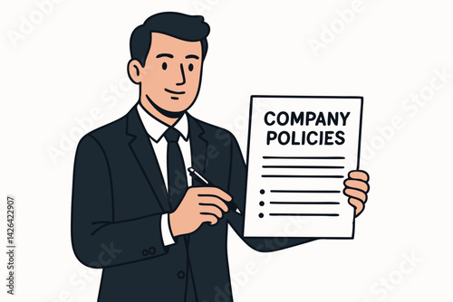 Professional Businessman Presenting Company Policies Document, Corporate Governance Illustration, Business Regulations Concept, Office Management Vector, Organizational Rules Graphic