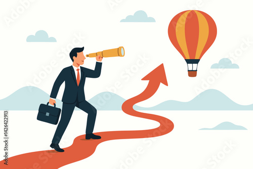 Business Vision Concept: Ambitious Businessman with Telescope Looking at Hot Air Balloon along Rising Path, Vector Illustration of Leadership Journey, Career Growth and Strategic Vision
