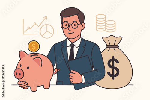 Financial Advisor Vector Illustration: Businessman with Piggy Bank, Money Bag, Growth Chart, and Pie Graph - Wealth Management and Investment Planning Concept