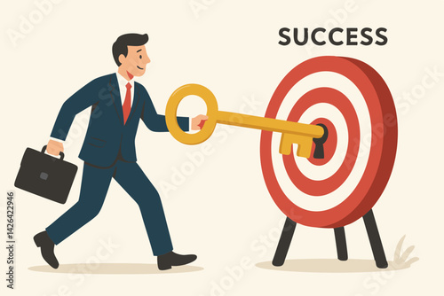Business Success Concept Vector Illustration with Businessman Holding Golden Key to Unlock Target Achievement, Professional Career Growth Metaphor for Strategic Goal Attainment and Leadership