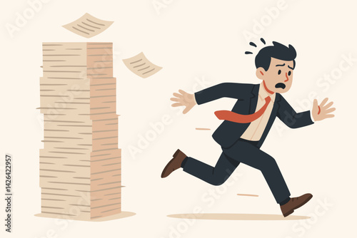 Stressed Businessman Running Away from Towering Paperwork Stack, Office Worker Escaping Overwhelming Workload, Corporate Burnout Concept, Business Stress Management Illustration, Deadline Panic