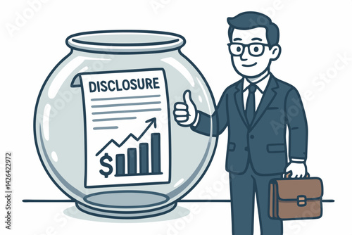 Financial Transparency Concept Vector: Business Professional with Thumbs Up Gesture Standing Next to Glass Fishbowl Containing Disclosure Document with Growth Chart and Dollar Symbol