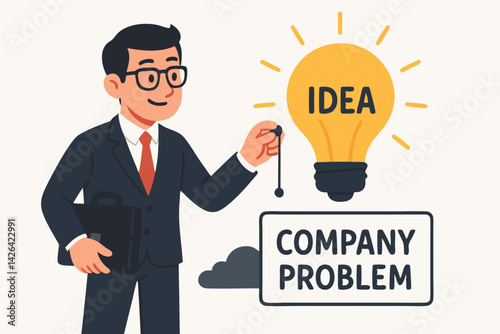 Business Problem Solving Concept Vector: Confident Businessman with Lightbulb Idea Solution, Professional in Suit with Briefcase, Corporate Innovation Illustration for Presentations and Marketing