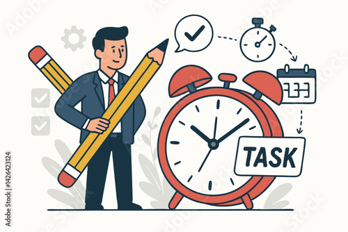 Business Time Management Concept Vector Illustration with Businessman Holding Pencil, Alarm Clock, Calendar, Stopwatch and Task Planning Elements for Productivity and Efficiency in Modern Workplace