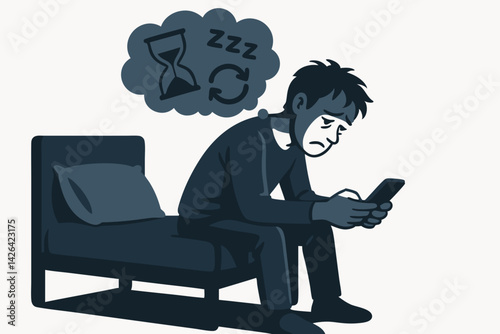 Sleep Deprivation Concept Vector: Tired Man Checking Smartphone at Night with Insomnia Thought Bubble Showing Time Passing, Digital Addiction and Sleep Disorder Illustration in Monochrome Style