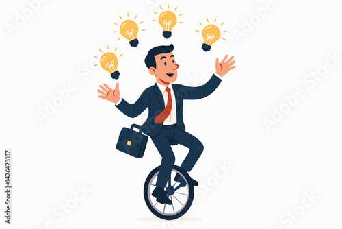 Innovative Businessman Juggling Light Bulb Ideas on Unicycle Vector Illustration, Creative Multitasking Entrepreneur with Briefcase Balancing Success Concepts, Corporate Problem Solver Cartoon