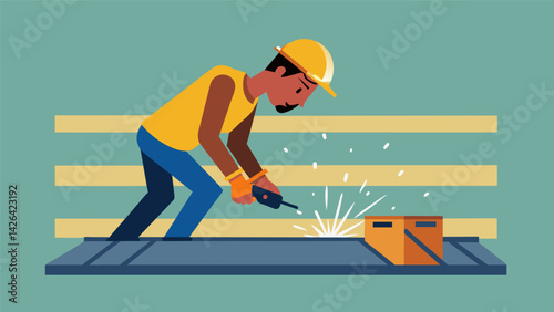 Sparks fly as a construction worker welds together metal sheets creating the base for a new roof.. Vector illustration