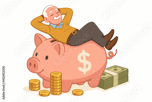 Happy Senior Man Relaxing on Giant Piggy Bank with Dollar Sign and Money Stacks, Financial Security Retirement Concept, Wealth Management Illustration, Pension Savings Success Vector Graphic