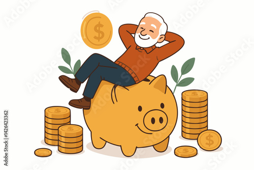 Happy Senior Man Relaxing on Golden Piggy Bank with Dollar Coins, Financial Freedom Retirement Concept, Elderly Investment Success Vector Illustration, Wealth Management Cartoon, Pension Savings