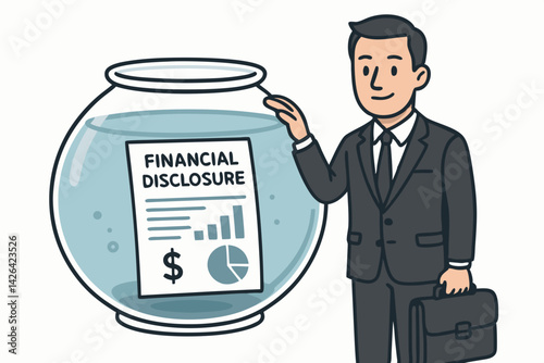 Transparent Financial Disclosure Concept Vector Illustration with Businessman Presenting Financial Report in Glass Bowl, Corporate Transparency Metaphor for Banking, Investment, and Business Ethics
